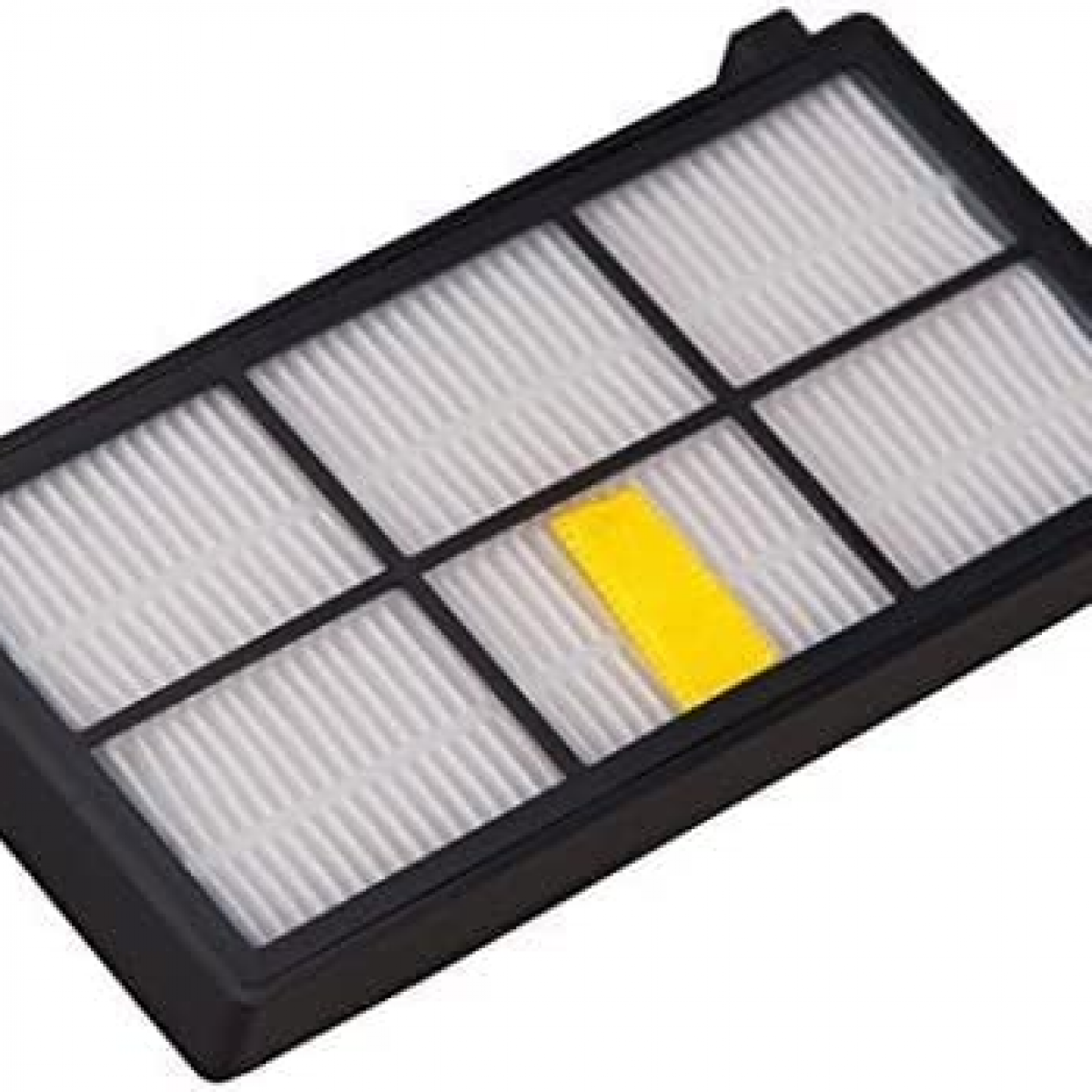 Prostokątny filtr do odkurzacza z żółtym elementem na białym tle.