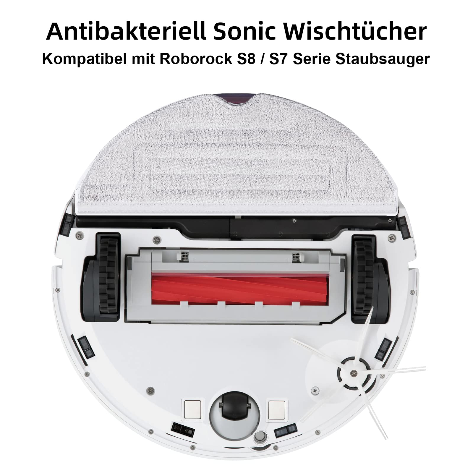 Biały robot sprzątający i tekst w języku niemieckim o jego funkcjach.