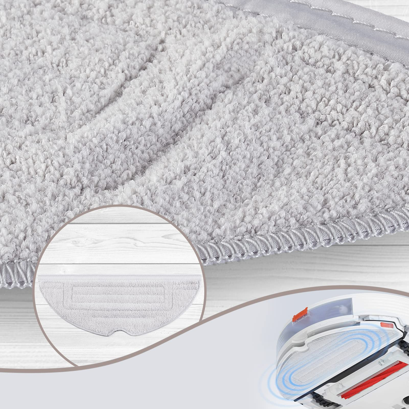 Zbliżenie szarej głowicy mopa z mikrofibry, z okrągłą wstawką pokazującą części wewnętrzne robota odkurzającego.