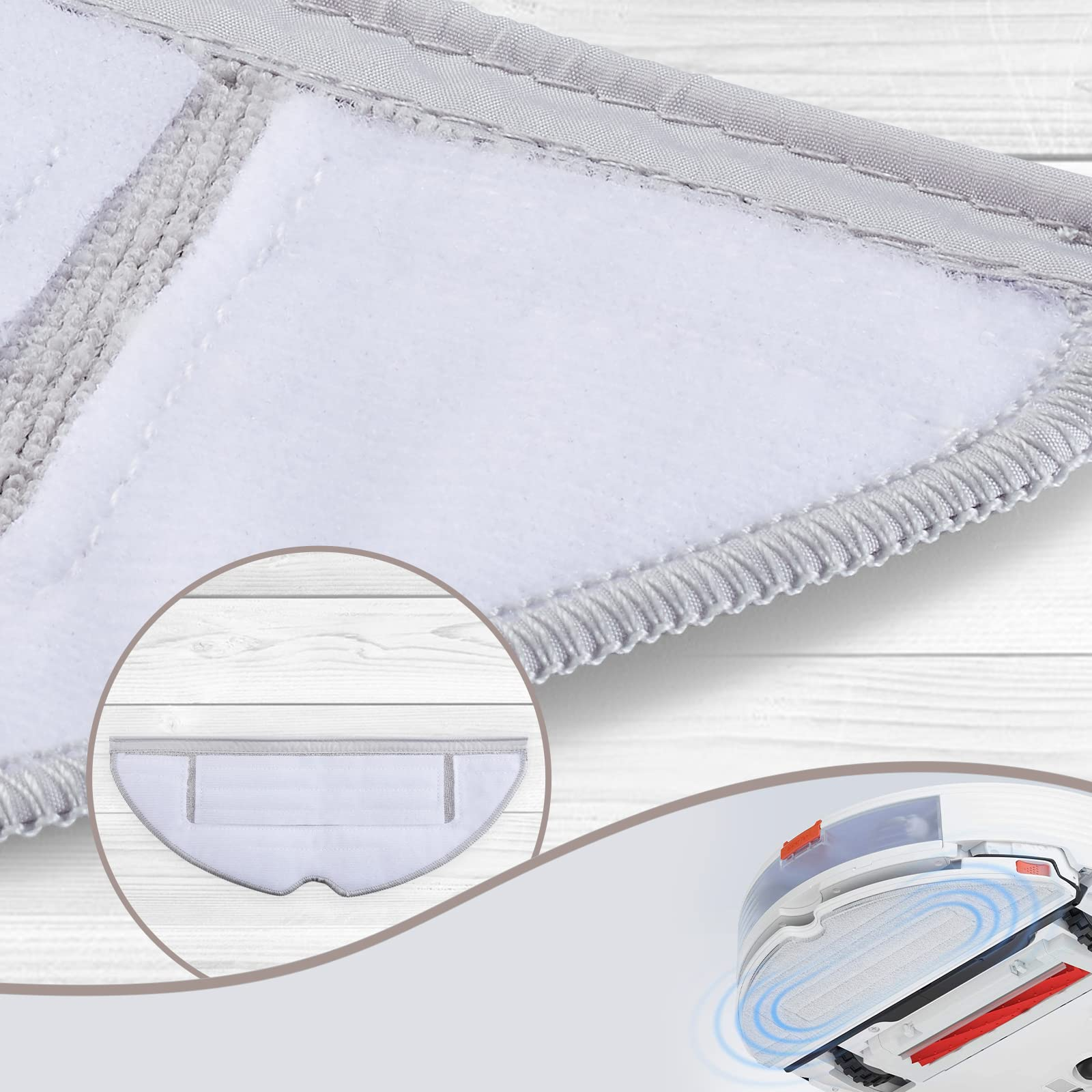 Biała i szara nakładka do mopa. Pokazuje okrągły, wycięty widok robota czyszczącego. Tło z usłojeniem drewna.