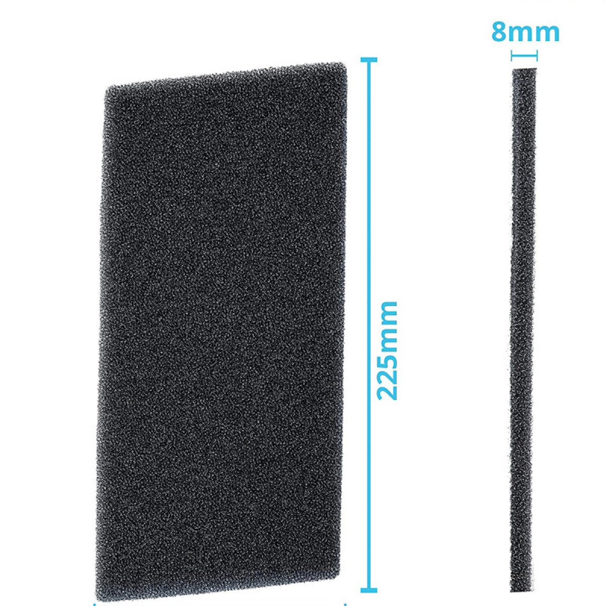 Ein schwarzer rechteckiger Filter mit in Millimetern angegebenen Abmessungen.