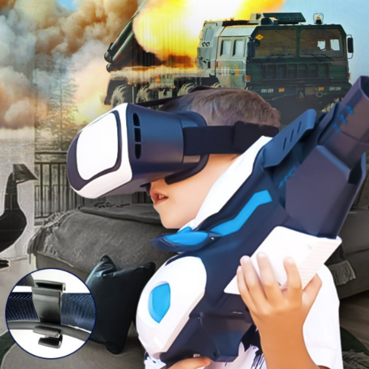 Junge mit VR-Brille und Spielzeugpistole, Militärfahrzeug im Hintergrund.