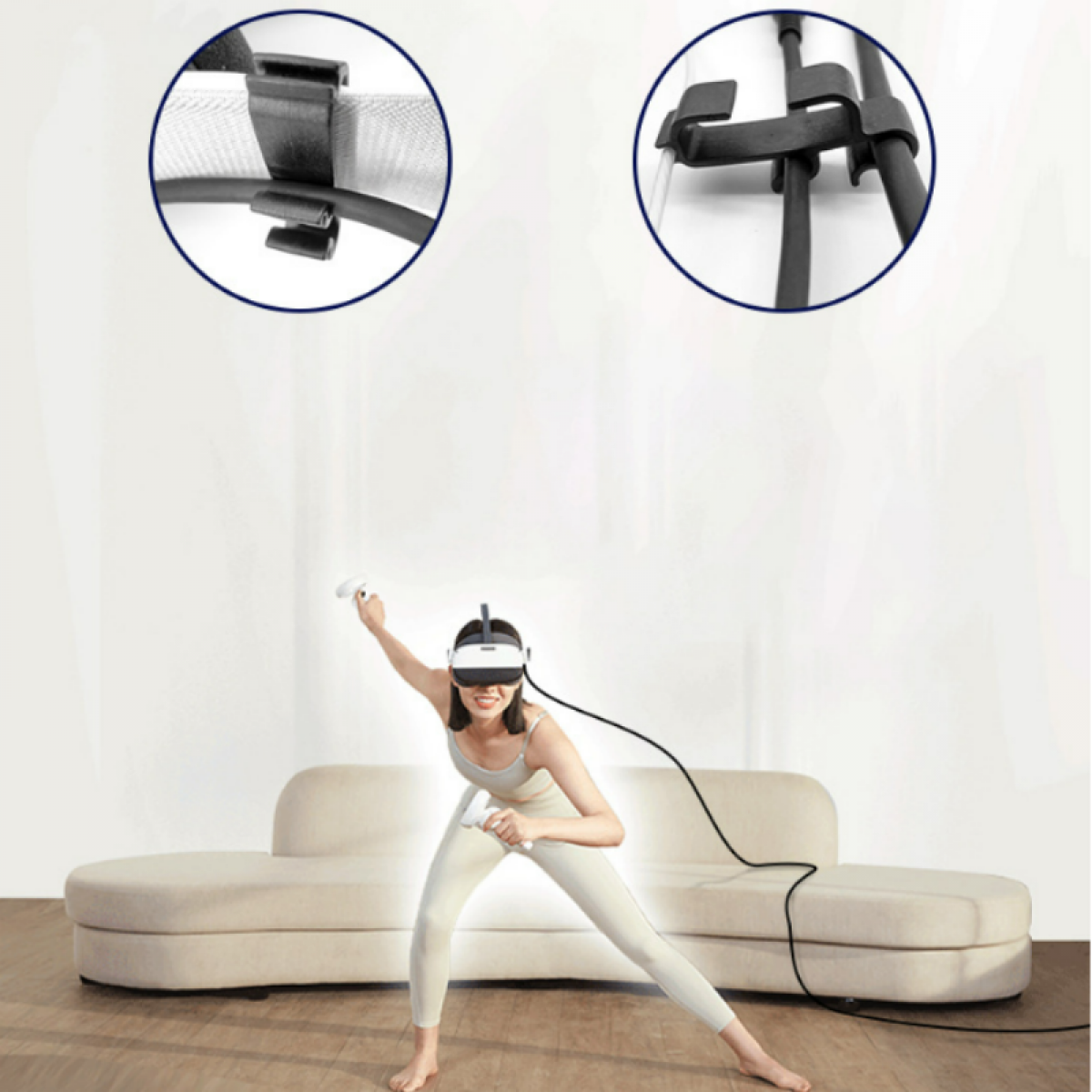 Frau mit VR-Headset spielt ein Spiel. Zwei Nahaufnahmen zeigen Details von Headset und Kabel.