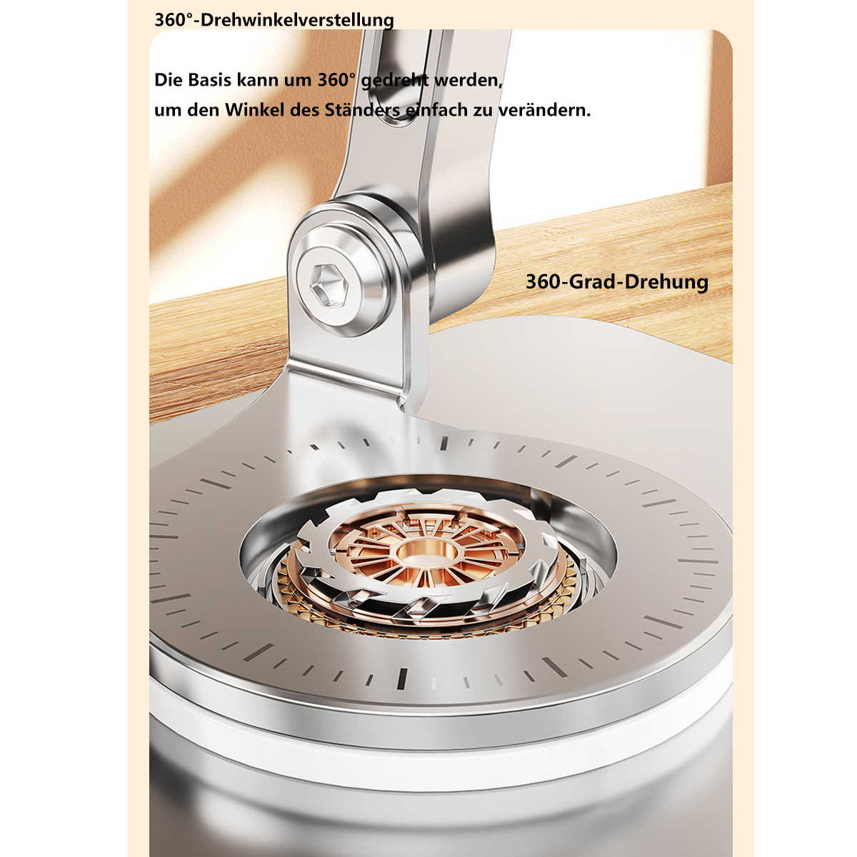 Ein Metallsockel mit Getriebemechanismus. Ein silberner Arm erstreckt sich von der Basis. Text auf Deutsch.