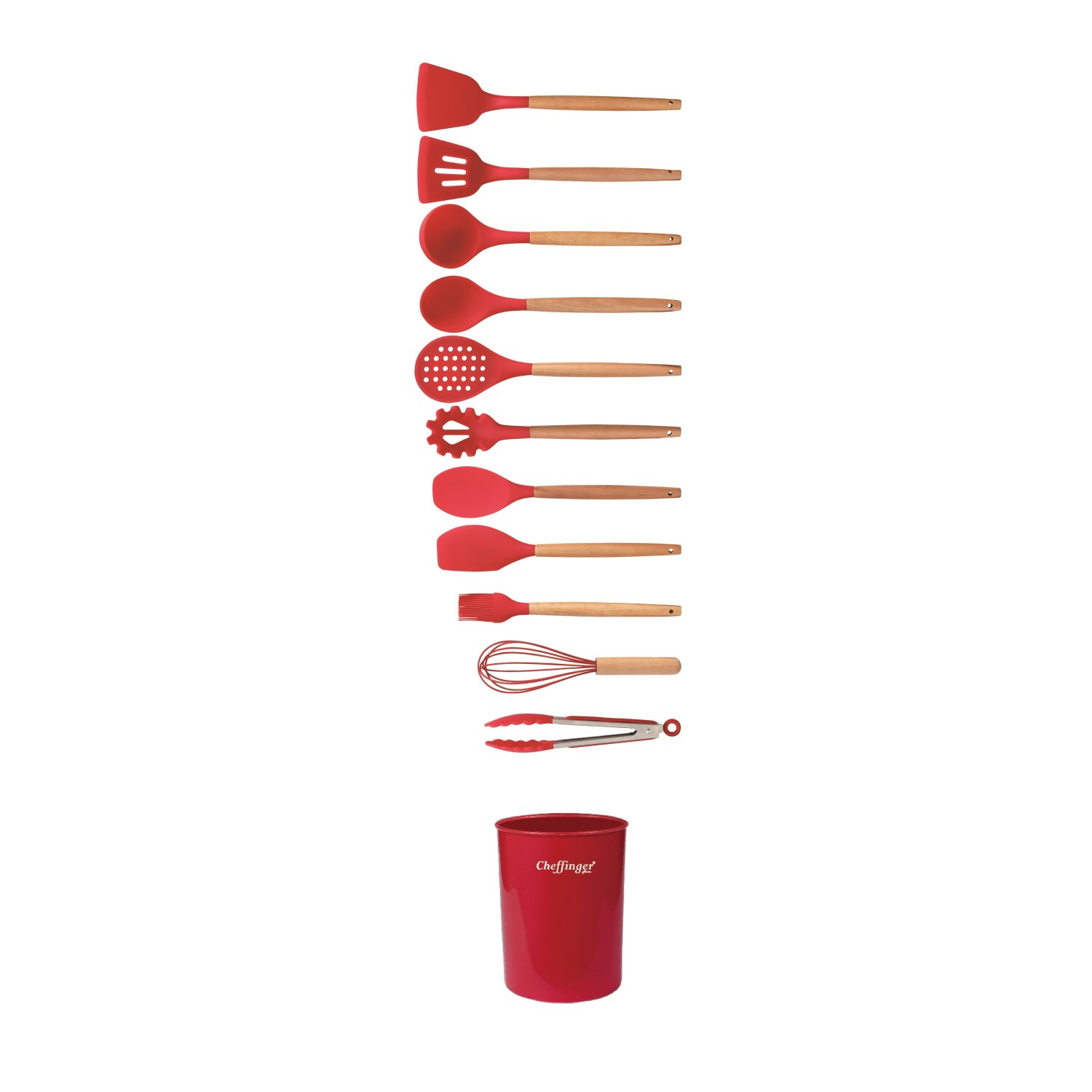 Set roter Küchenutensilien mit Holzgriffen, darunter ein Spatel, Löffel, Schneebesen und mehr.