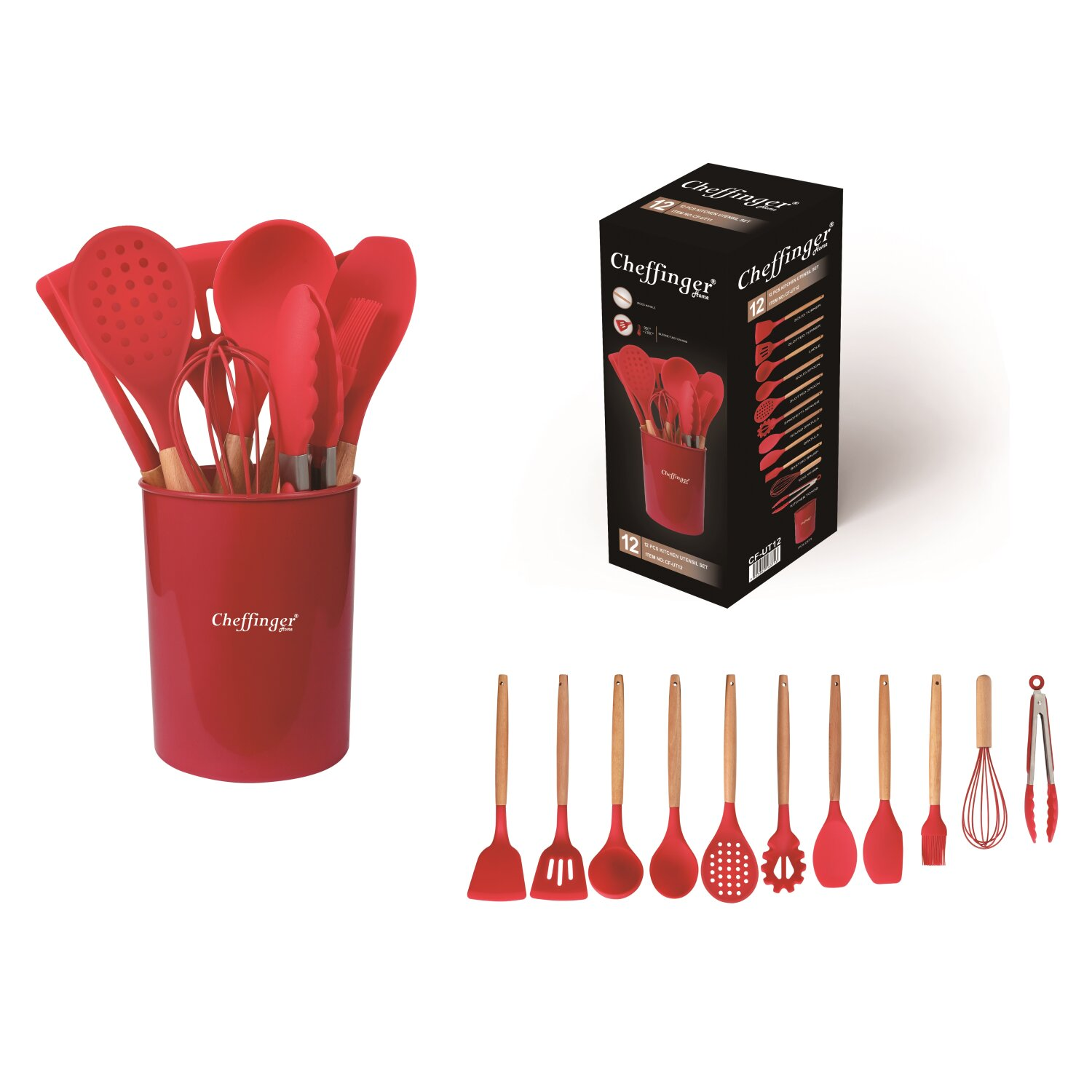 Ein Set roter Kochutensilien in einem roten Halter, mit einer Box der gleichen Utensilien.