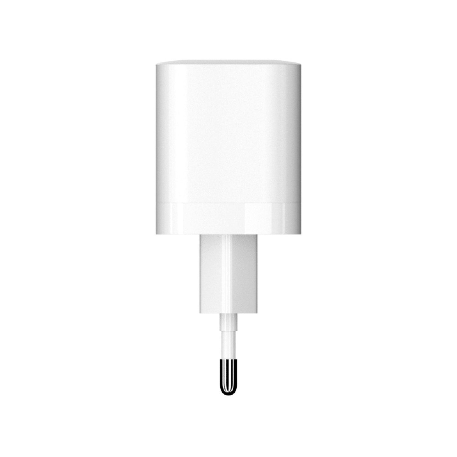 Ein weißes Wandladegerät mit Stecker und einem schwarzspitzigen Ladeanschluss.