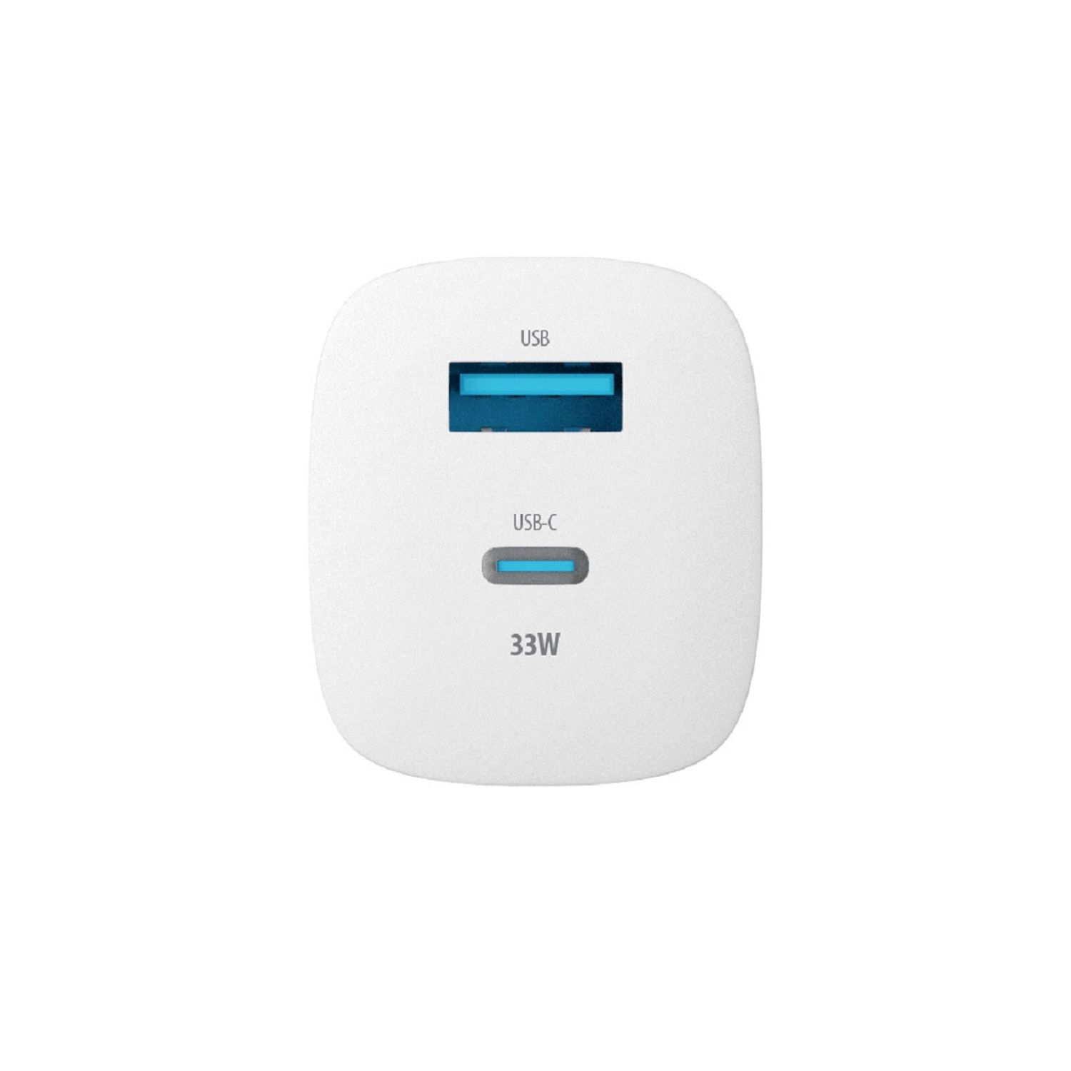 Weißes Ladegerät mit USB- und USB-C-Anschlüssen. Markiert mit 33W.