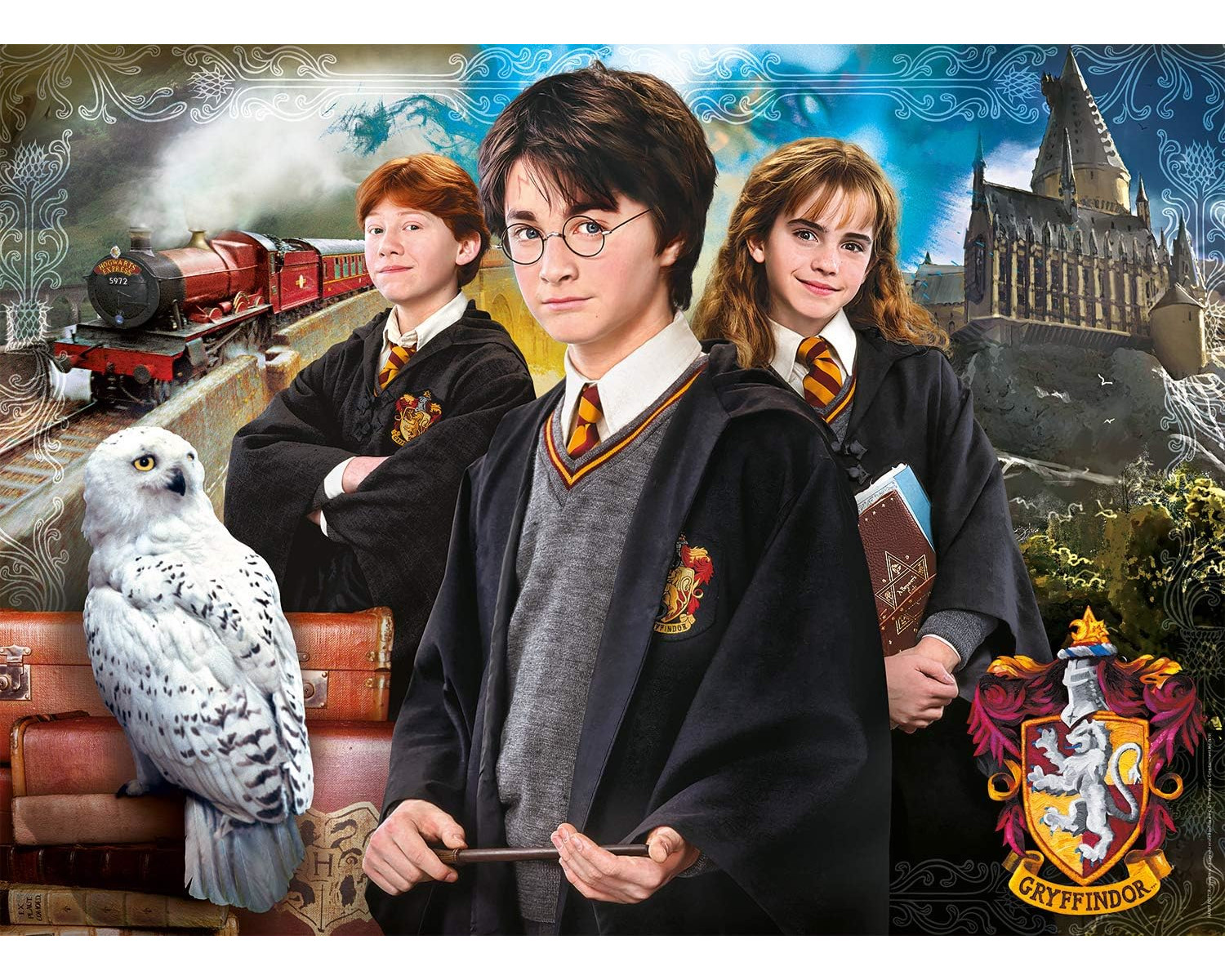 Harry Potter und Freunde in Hogwarts-Roben mit einer Schneeeule und einem Dampfzug im Hintergrund.