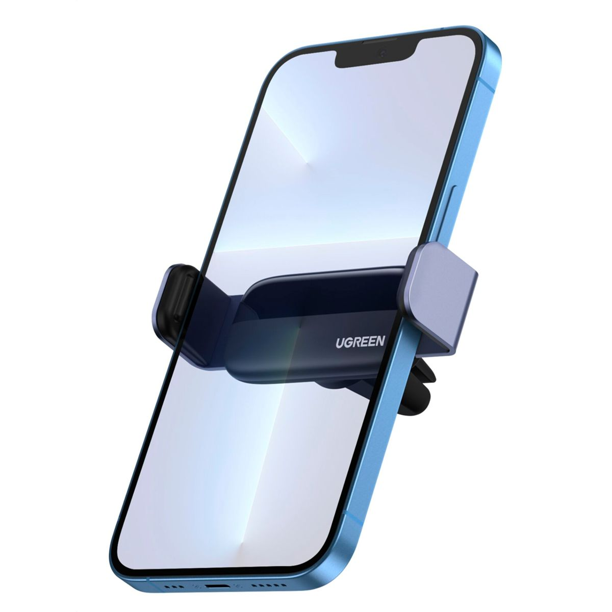 Ein blaues Telefon, gehalten von einem schwarz-silbernen UGREEN-Telefonhalter.