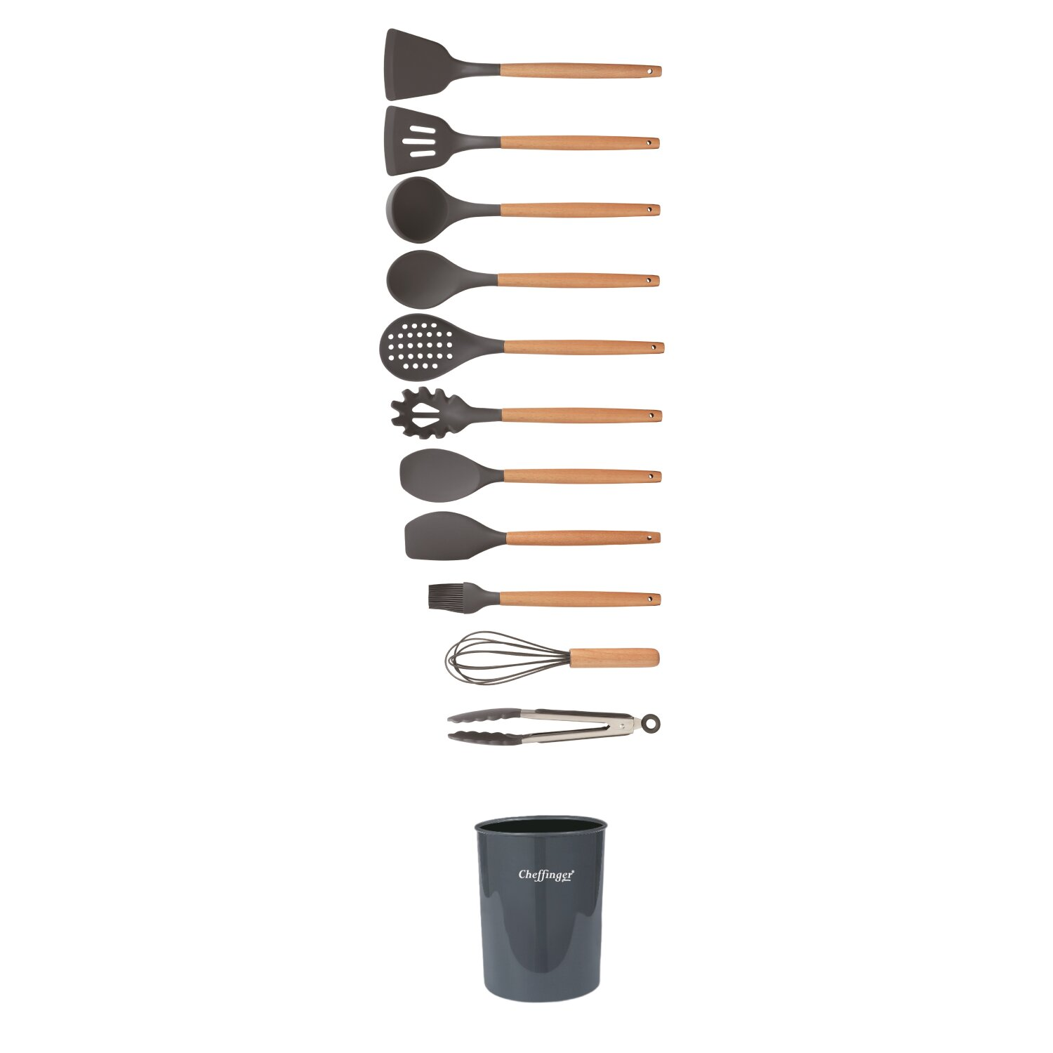 Küchenutensilien-Set mit schwarzen Silikonköpfen und Holzgriffen. Enthält Spatel, Löffel und Schneebesen.