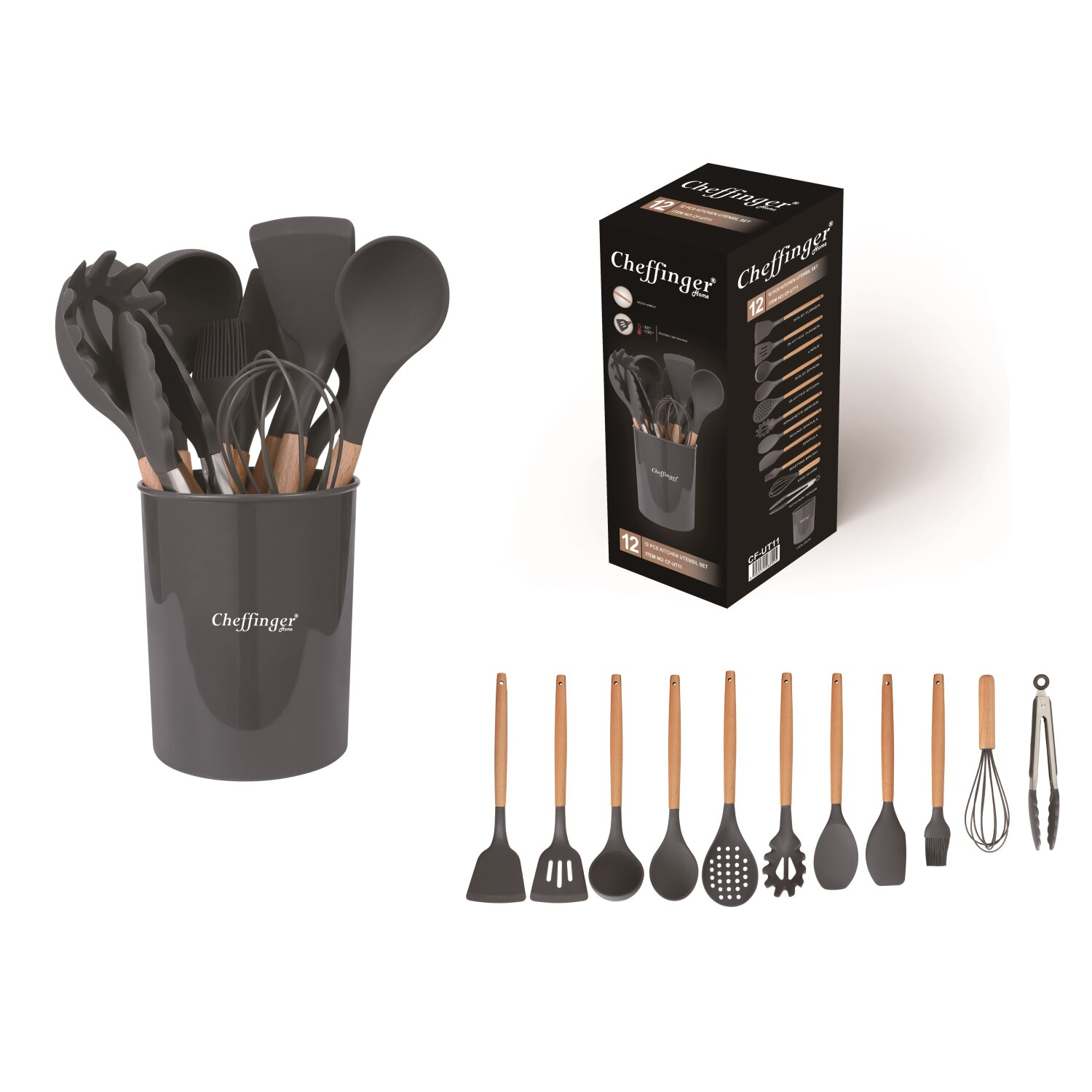 Küchenutensilien-Set mit grauem Halter und Box. Utensilien umfassen Löffel, Spatel und Zangen.