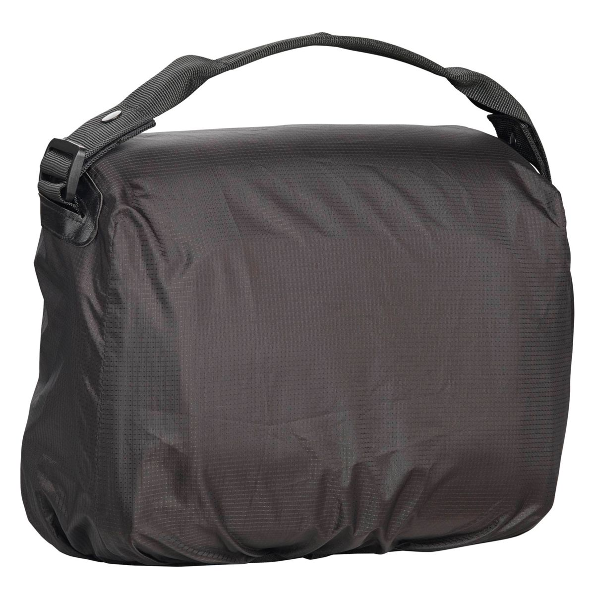 Eine schwarze, rechteckige Tasche mit Griff und strukturierter Oberfläche vor schlichtem Hintergrund.