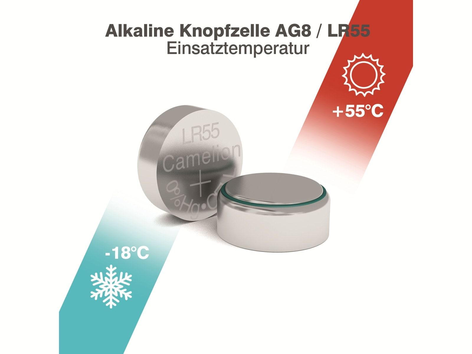 Zwei silberne Knopfzellen. Eine ist mit LR55 beschriftet, mit Temperaturanzeigen und Text.
