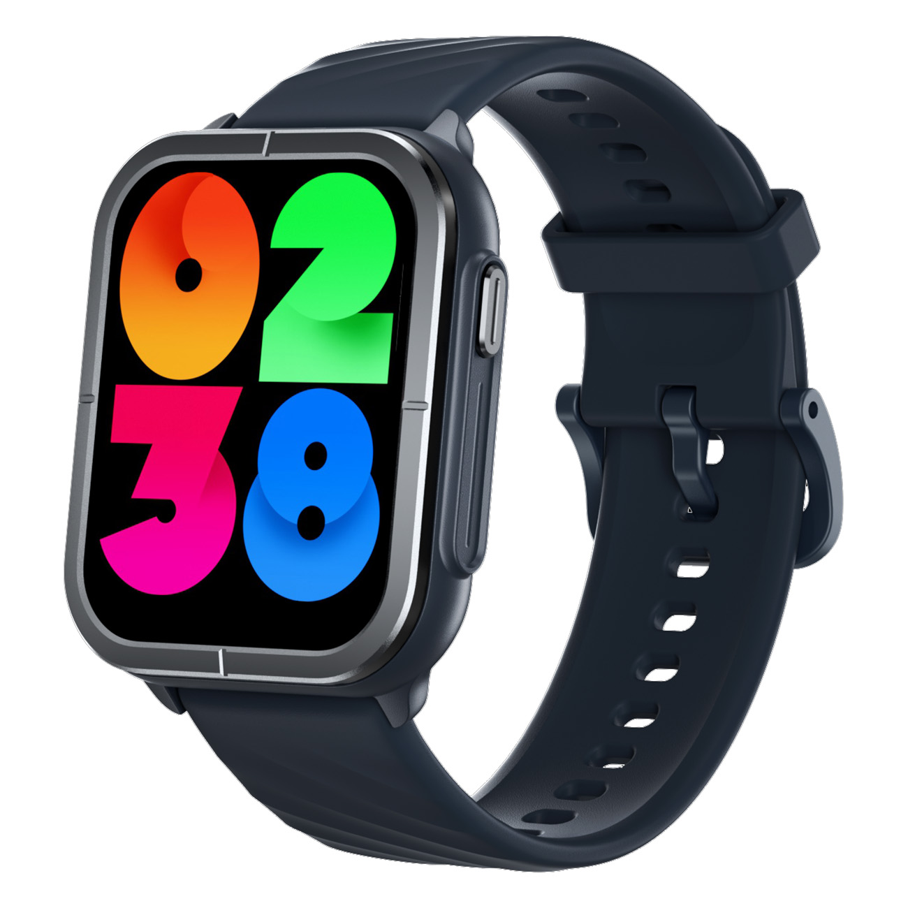 Smartwatch mit bunten Zahlen auf dem Bildschirm, schwarzes Armband, schräge Ansicht.