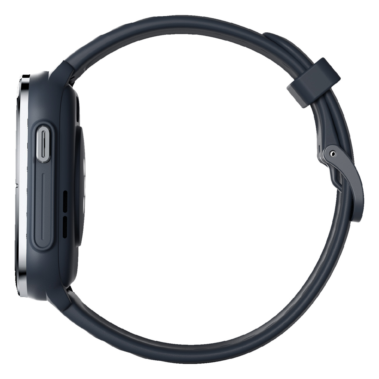Seitenansicht einer dunkelblauen Smartwatch mit gebogenem Bildschirm und dunkelblauem Armband.