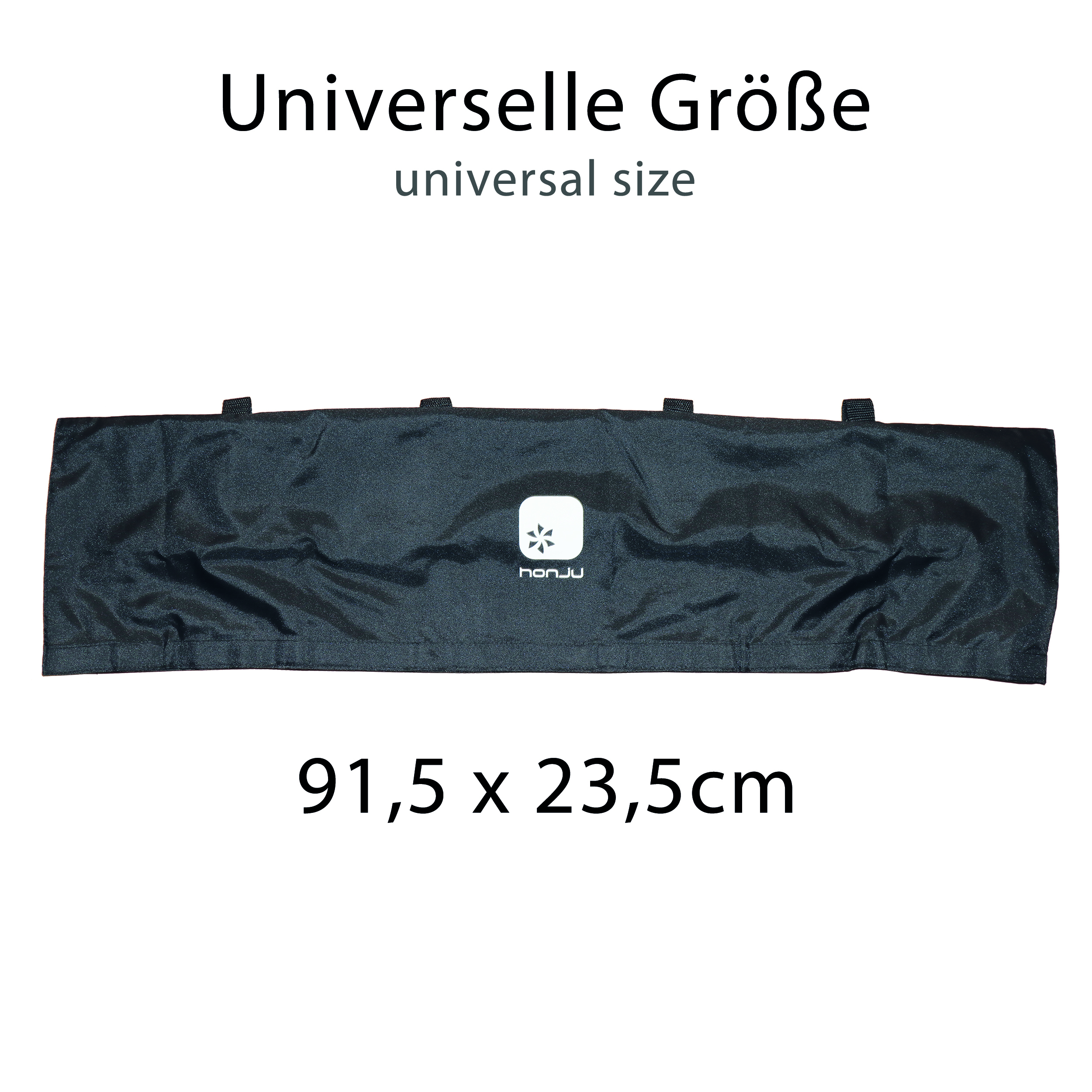 Schwarzes Stoffrechteck mit dem Text 'Universelle Größe' und den Abmessungen 91,5 x 23,5 cm auf weißem Grund.