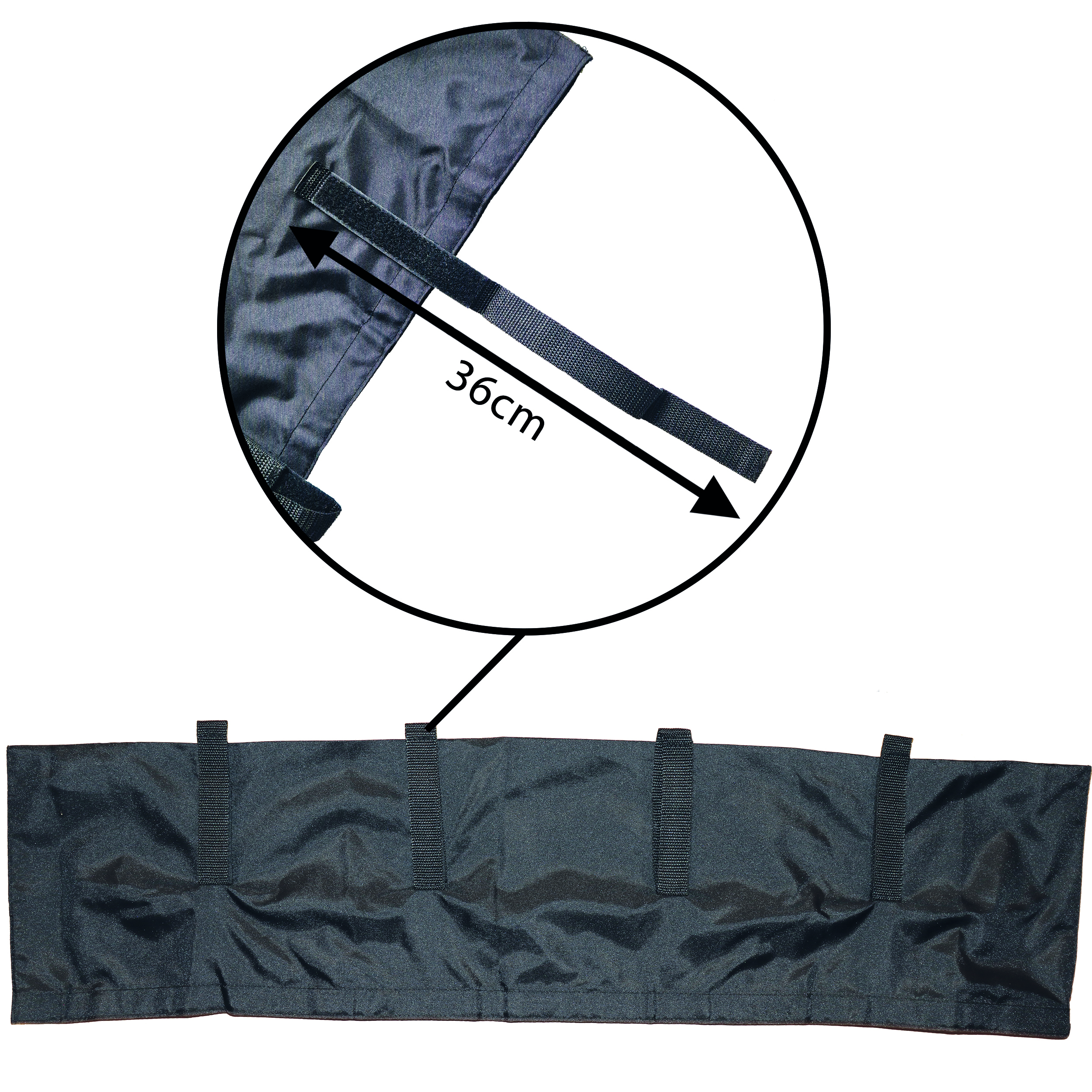 Schwarzer Stoff mit Klettbändern. Ein Ausschnitt zeigt das Klettband, 36cm lang.