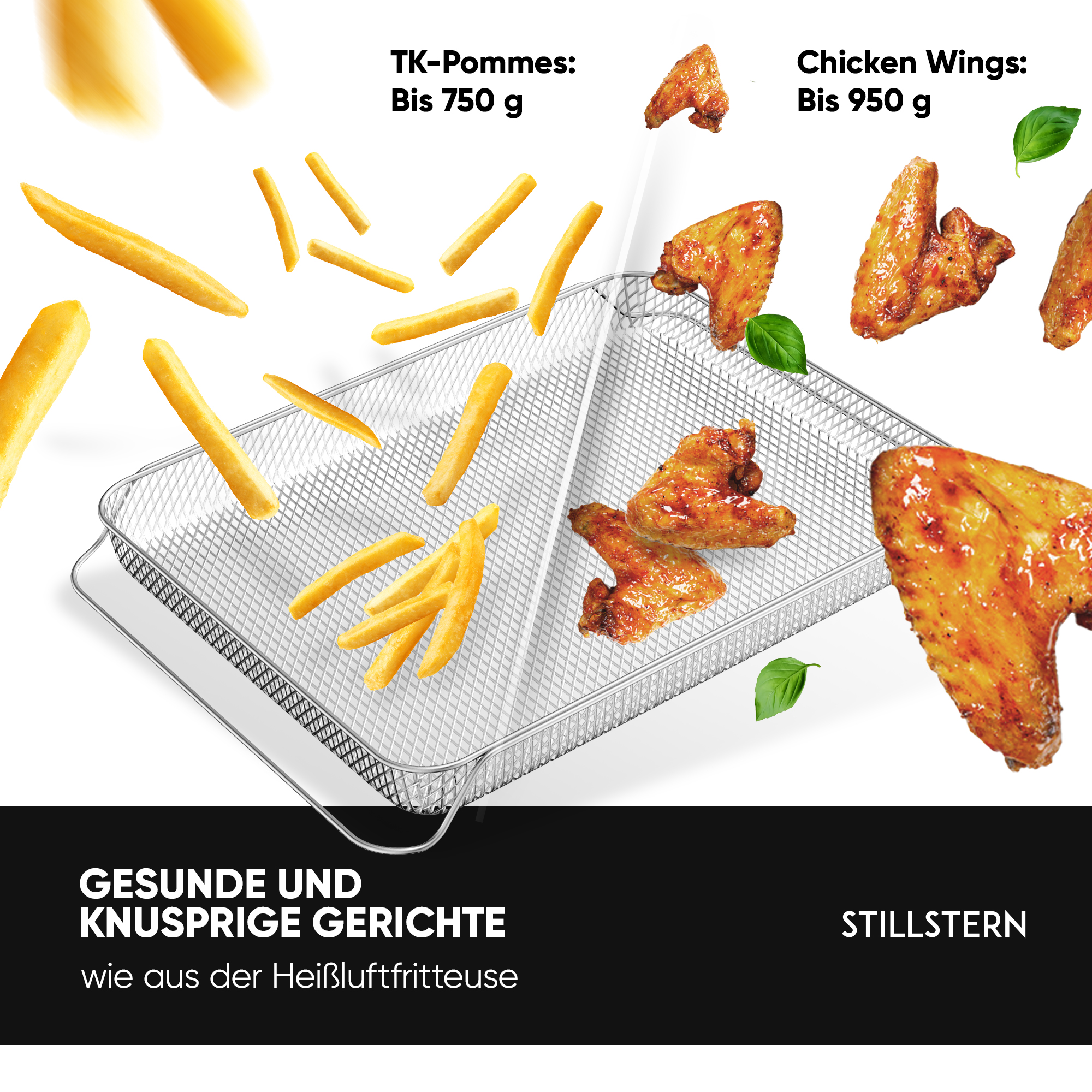 Ein Metallkorb mit Pommes und Hähnchenflügeln, mit Text auf Deutsch.