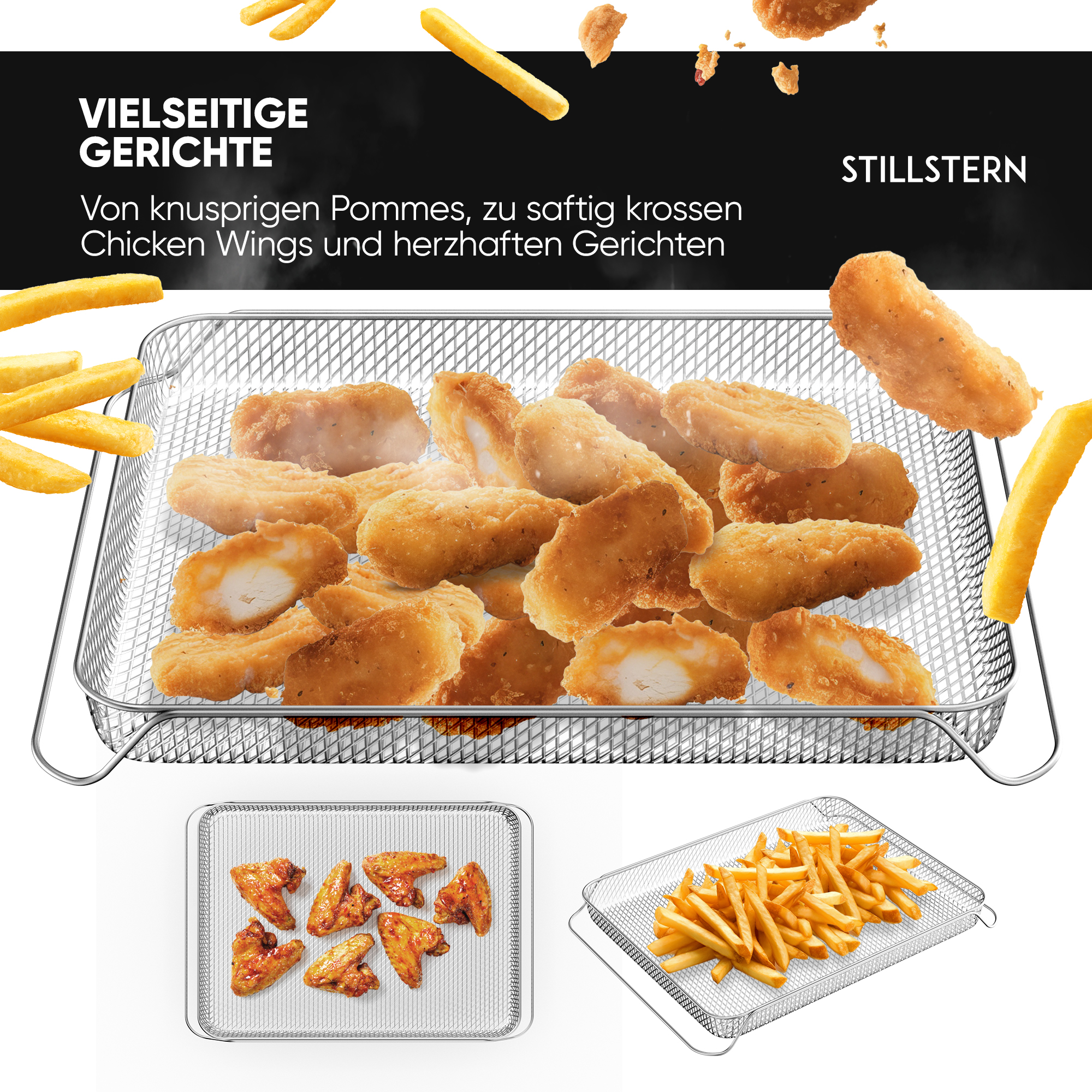 Heißluftfritteuse mit Hähnchen und Pommes. Text: 'Vielseitige Gerichte' und 'Stillstern'.