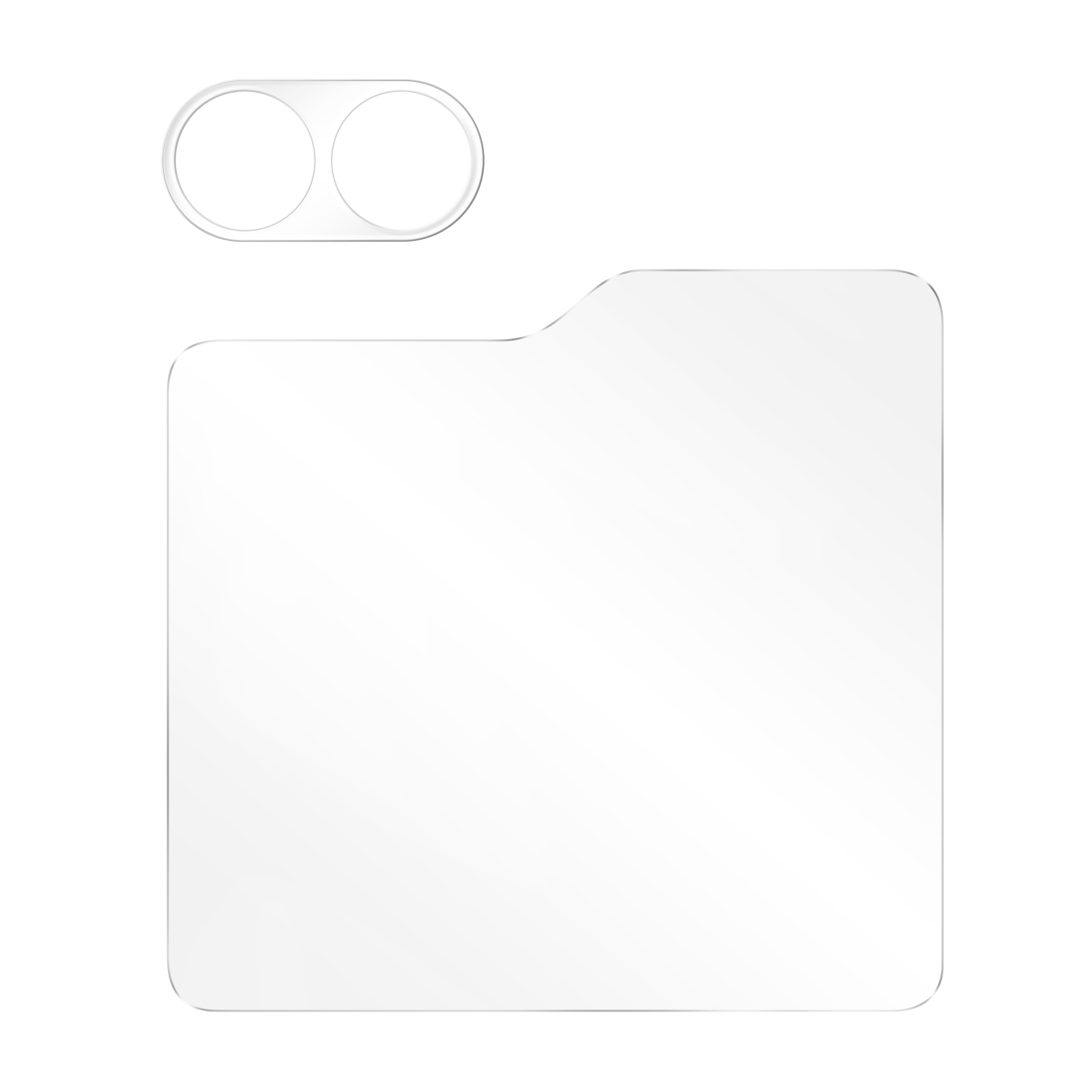 Protezione trasparente per lenti della fotocamera del telefono. Ha due cerchi per le lenti e un rettangolo per la fotocamera.