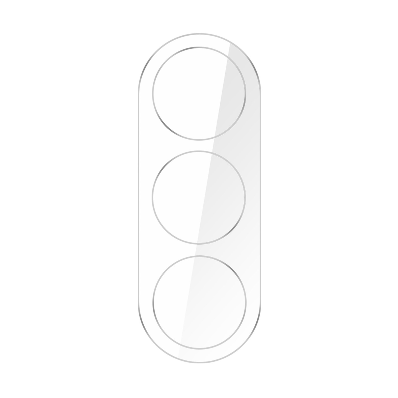 Protector de lente de teléfono con tres recortes circulares. El protector es transparente, sobre fondo blanco.