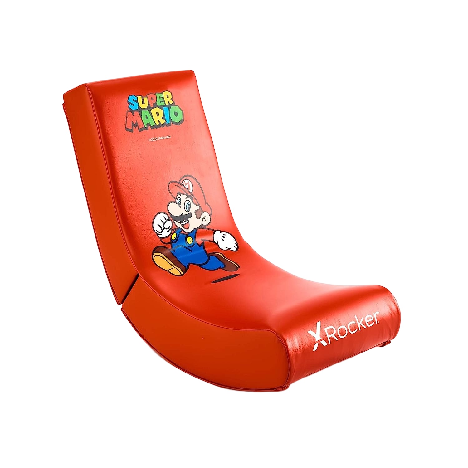 Ein roter Super Mario Gaming-Rocker-Stuhl mit dem aufgedruckten Charakter.