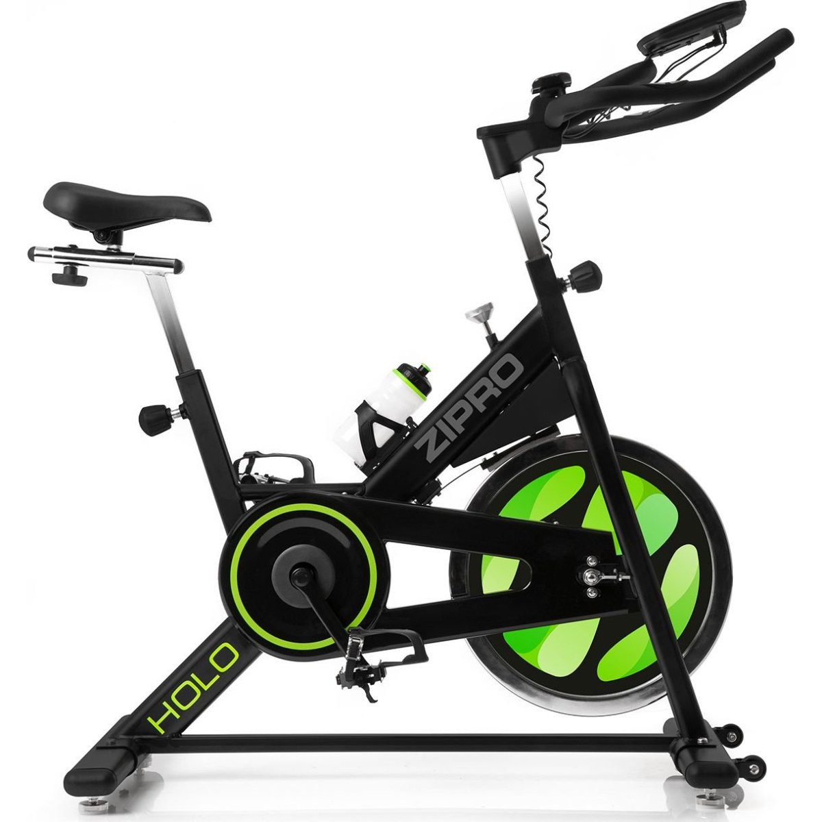 Schwarzes und grünes stationäres Heimtrainer-Fahrrad. Mit Flaschenhalter und der Marke 'ZIPRO'.