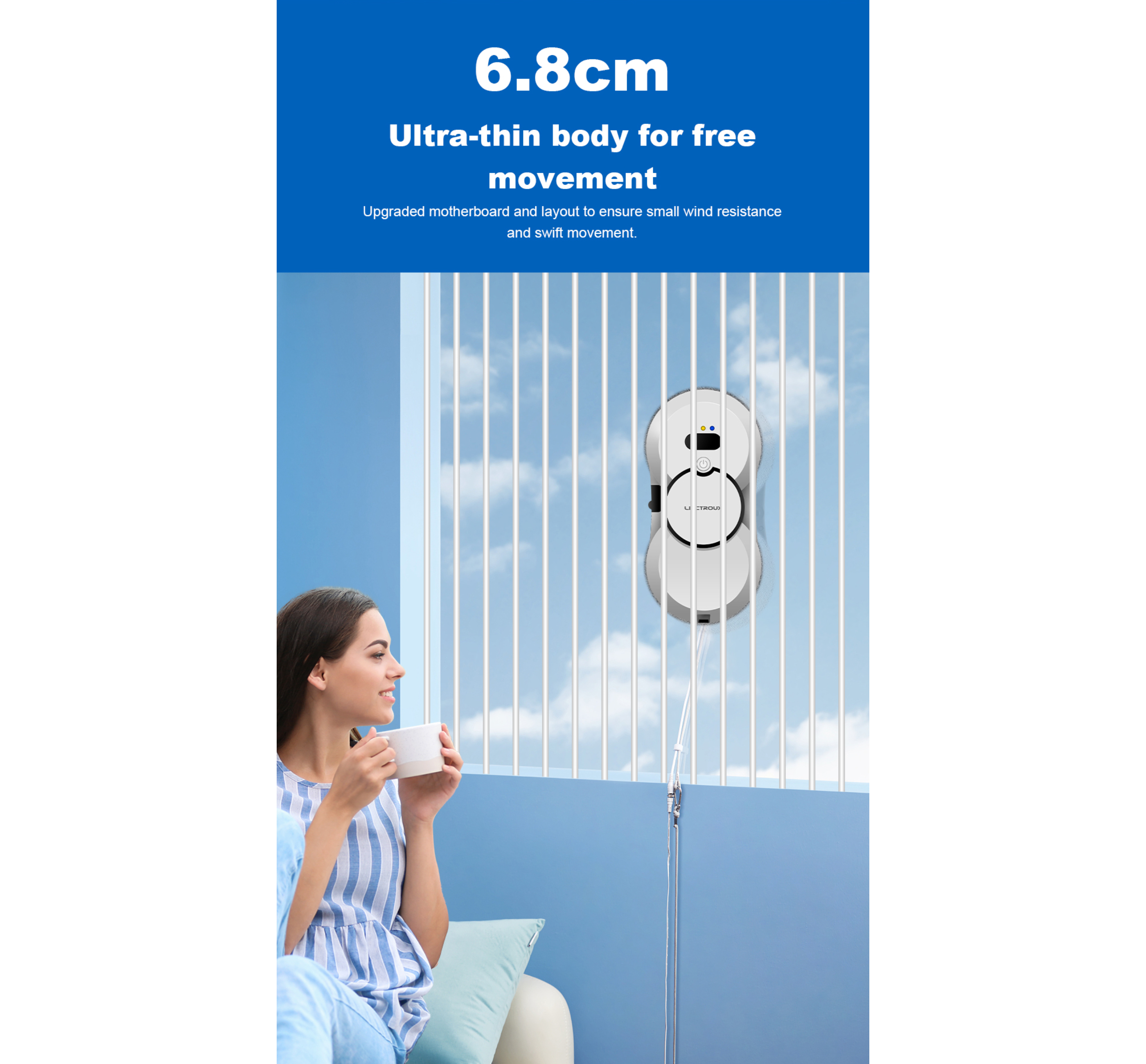 Frau, die aus dem Fenster auf einen Fensterputzroboter schaut. Der Roboter ist mit einem Kabel am Fenster befestigt.