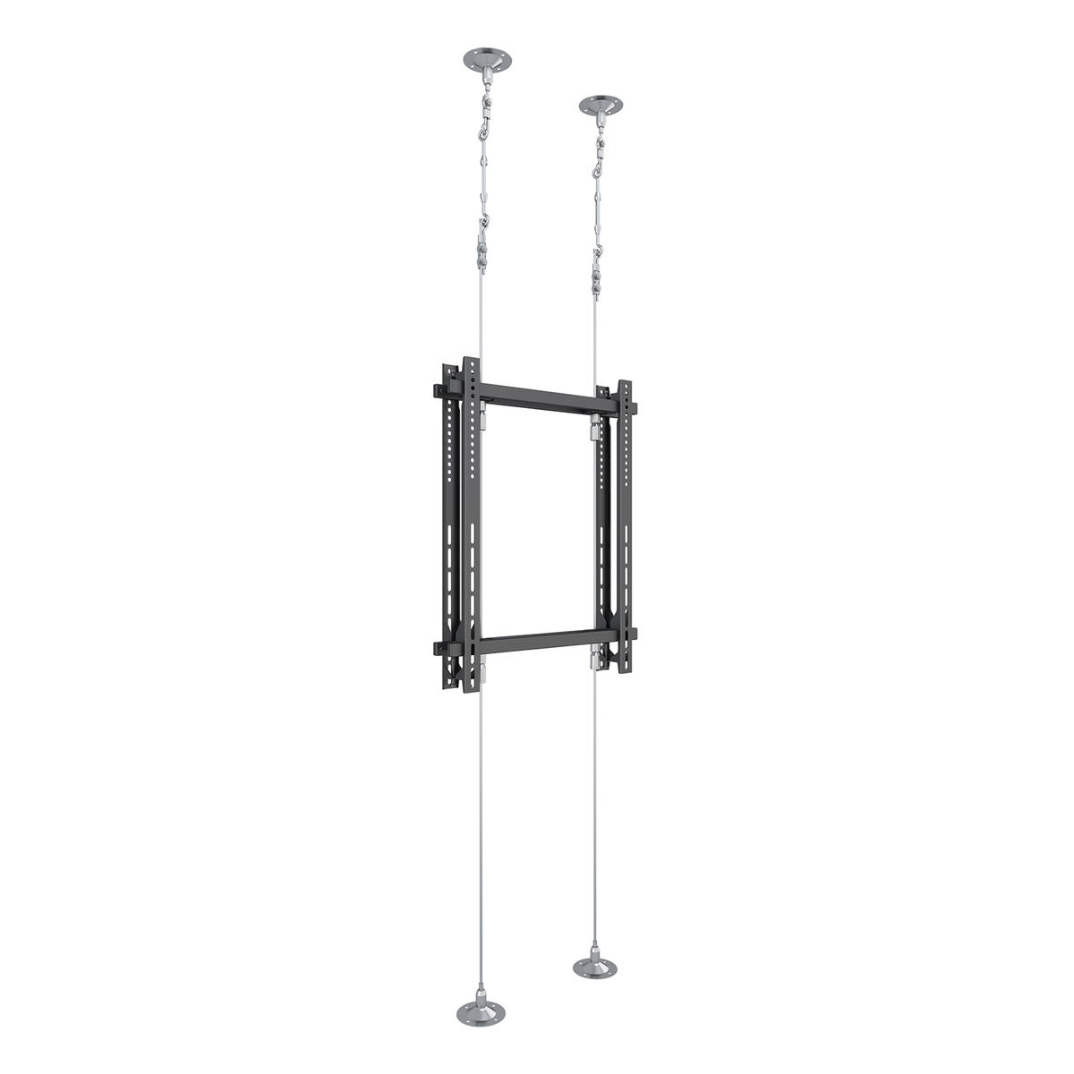Soporte de TV negro suspendido por cables del techo, con soportes de montaje.