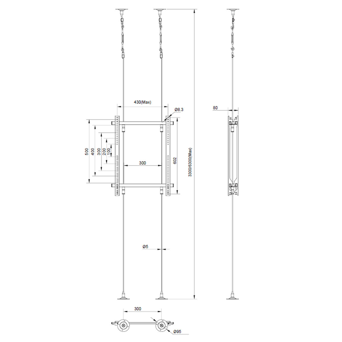 Diagrama de un sistema para colgar TV. Incluye medidas y detalles de configuración.