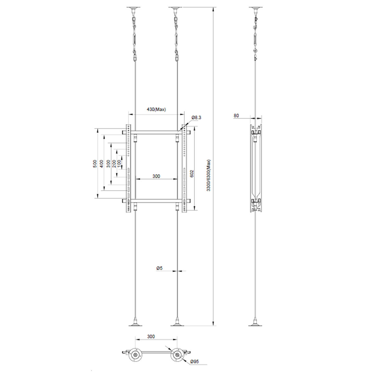 Dibujo técnico de un sistema colgante, con dimensiones y medidas en milímetros.
