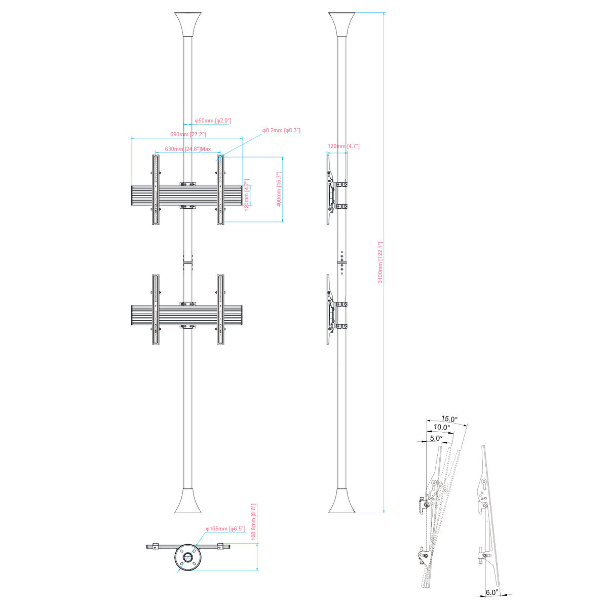 Dibujo técnico de un montaje de techo para TV, mostrando medidas y detalles de instalación.