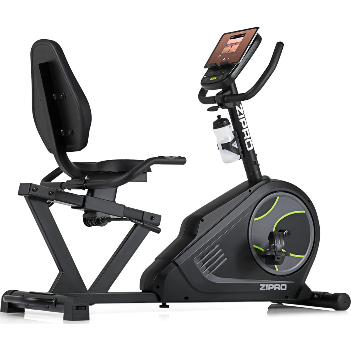 Schwarz-graues Trainingsfahrrad mit Digitalanzeige und Wasserflasche.