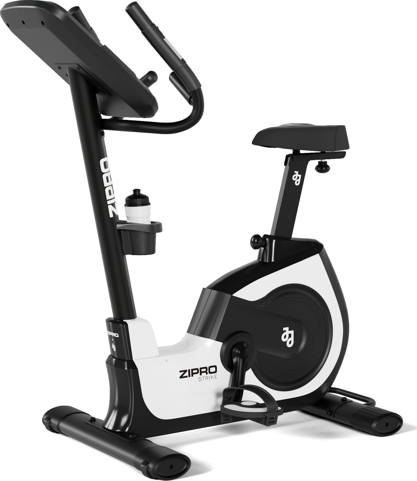 Schwarz-weißes Heimtrainer mit Getränkehalter und der Marke ZIPRO.