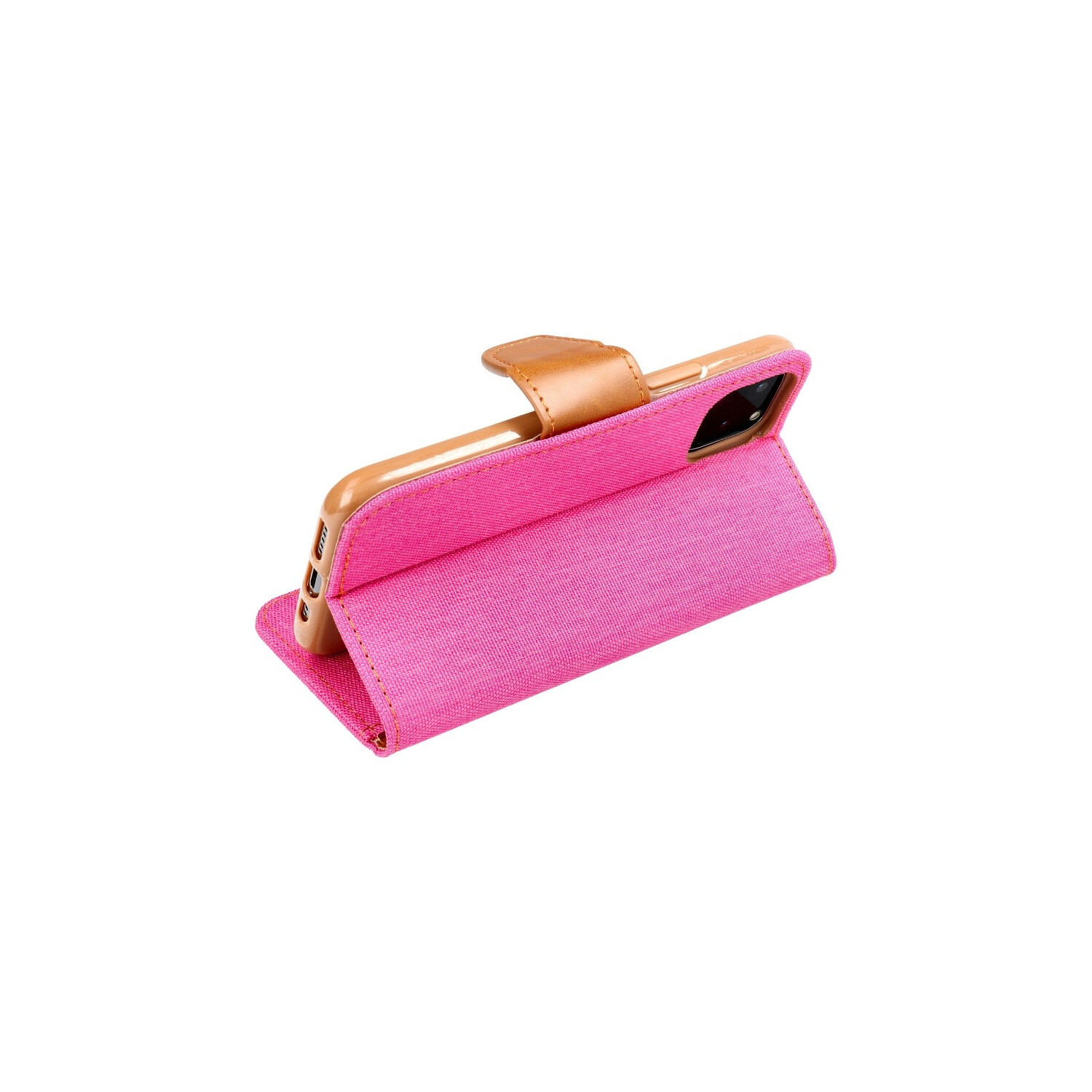 Custodia per telefono rosa in posizione di supporto. Aletta in pelle marrone. Sfondo bianco.