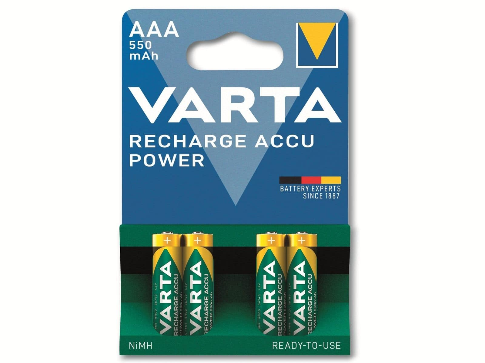 AAA, Nickel-Metallhydrid Micro, 4er NiMH, VARTA Power, Accu HR03, Akku Pack Akkus 1.2V/550mAh, Pre-charged,