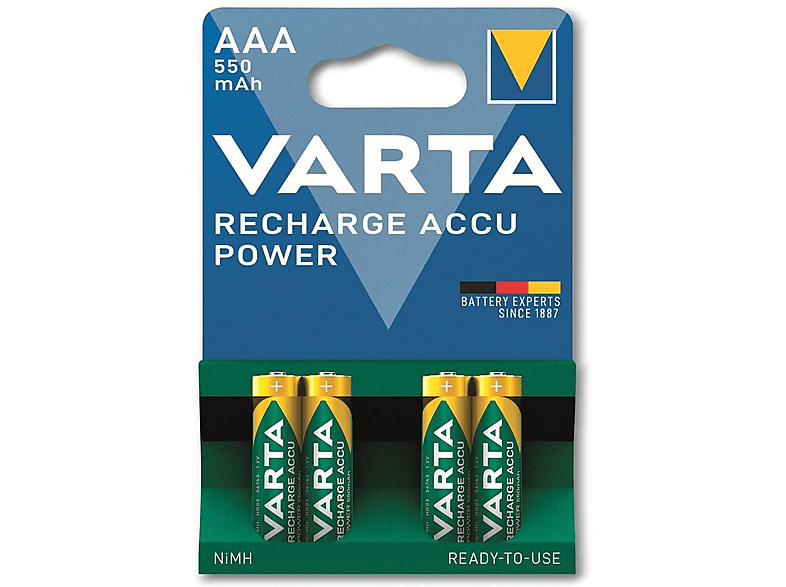 AAA, Nickel-Metallhydrid Micro, 4er NiMH, VARTA Power, Accu HR03, Akku Pack Akkus 1.2V/550mAh, Pre-charged,