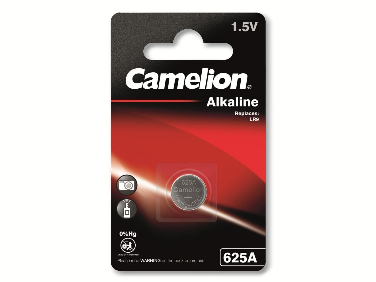 Opakowanie baterii w czerwono-czarnym designie. W środku bateria 1,5 V, widoczna marka 'Camelion'.