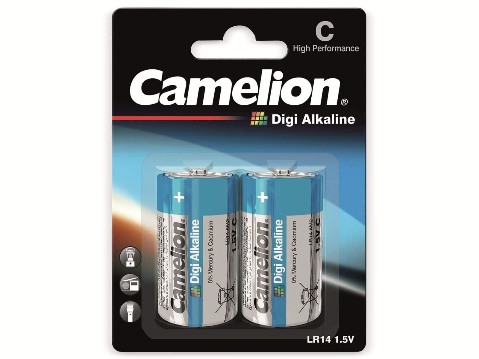 Dwie baterie C w blistrze z etykietą Camelion Digi Alkaline.