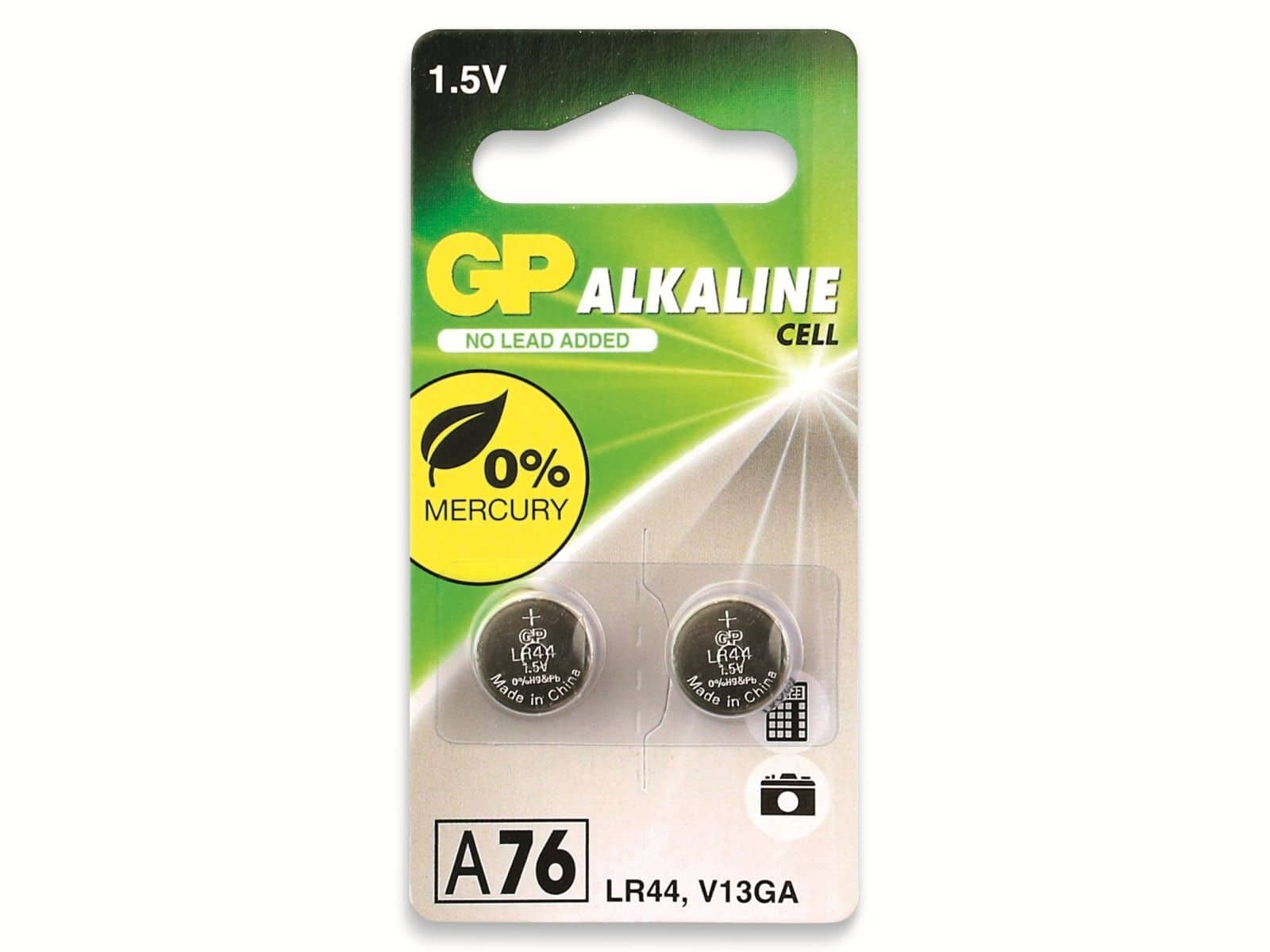 GP Knopfzelle V-, Alkaline 1,5 Alkaline, Knopfzelle LR44, Stück 2
