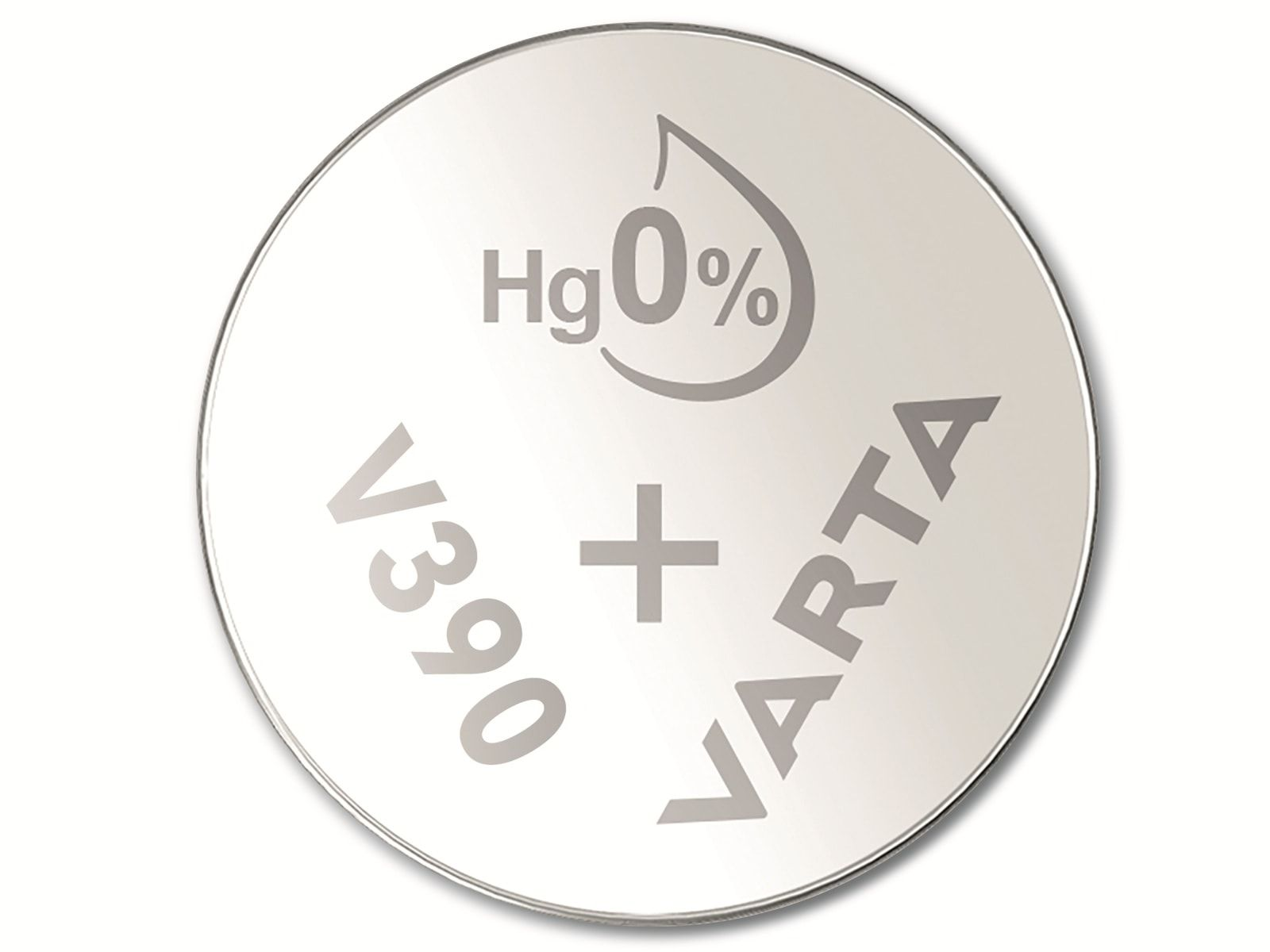 Eine Varta V390 Batterie mit Hg 0% und VARTA Aufdruck. Eine silberfarbene Münze.