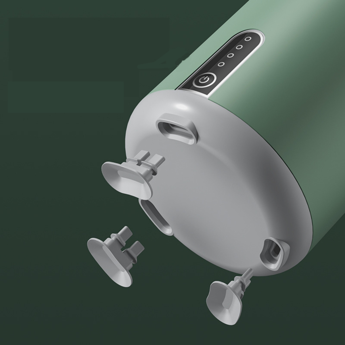 Grüne und graue elektrische Produktbasis mit Saugnäpfen. Vier kleine Saugnäpfe befinden sich in der Nähe.