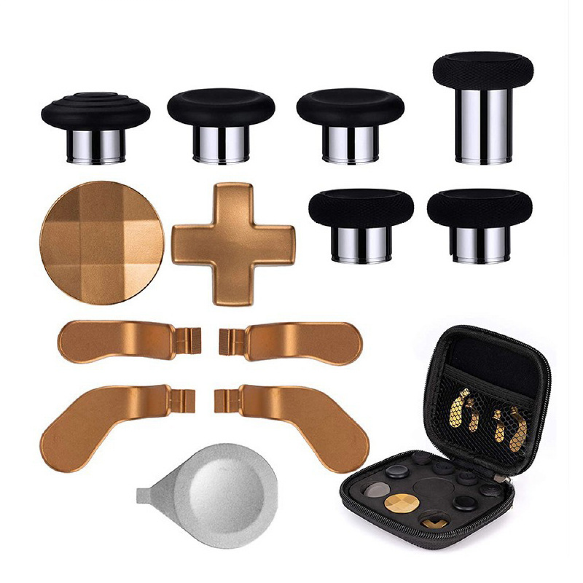 Accessori per controller di gioco. Pulsanti e parti dorate e nere e una piccola custodia.
