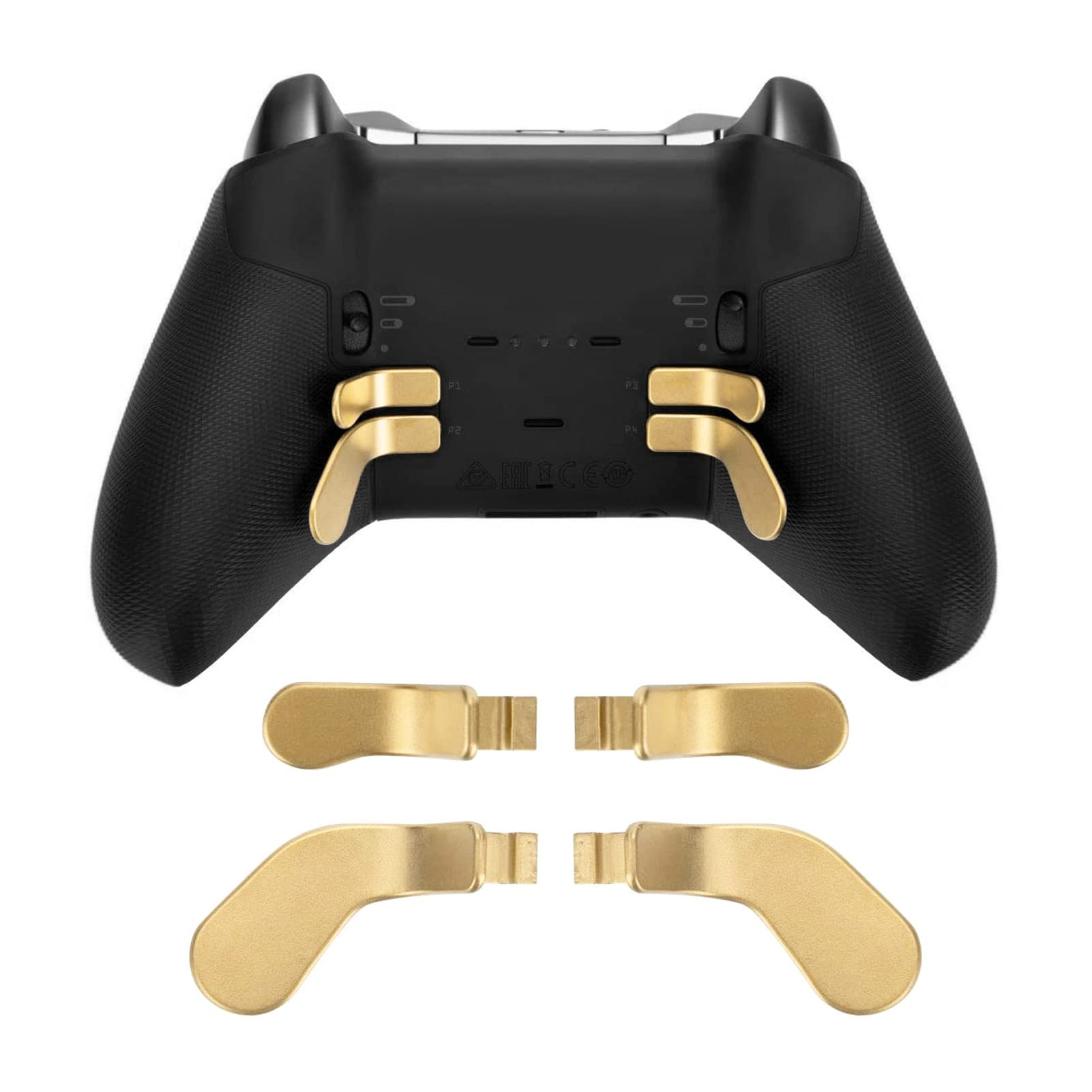Controller di gioco nero con paddle color oro. Sono mostrati paddle d'oro extra.