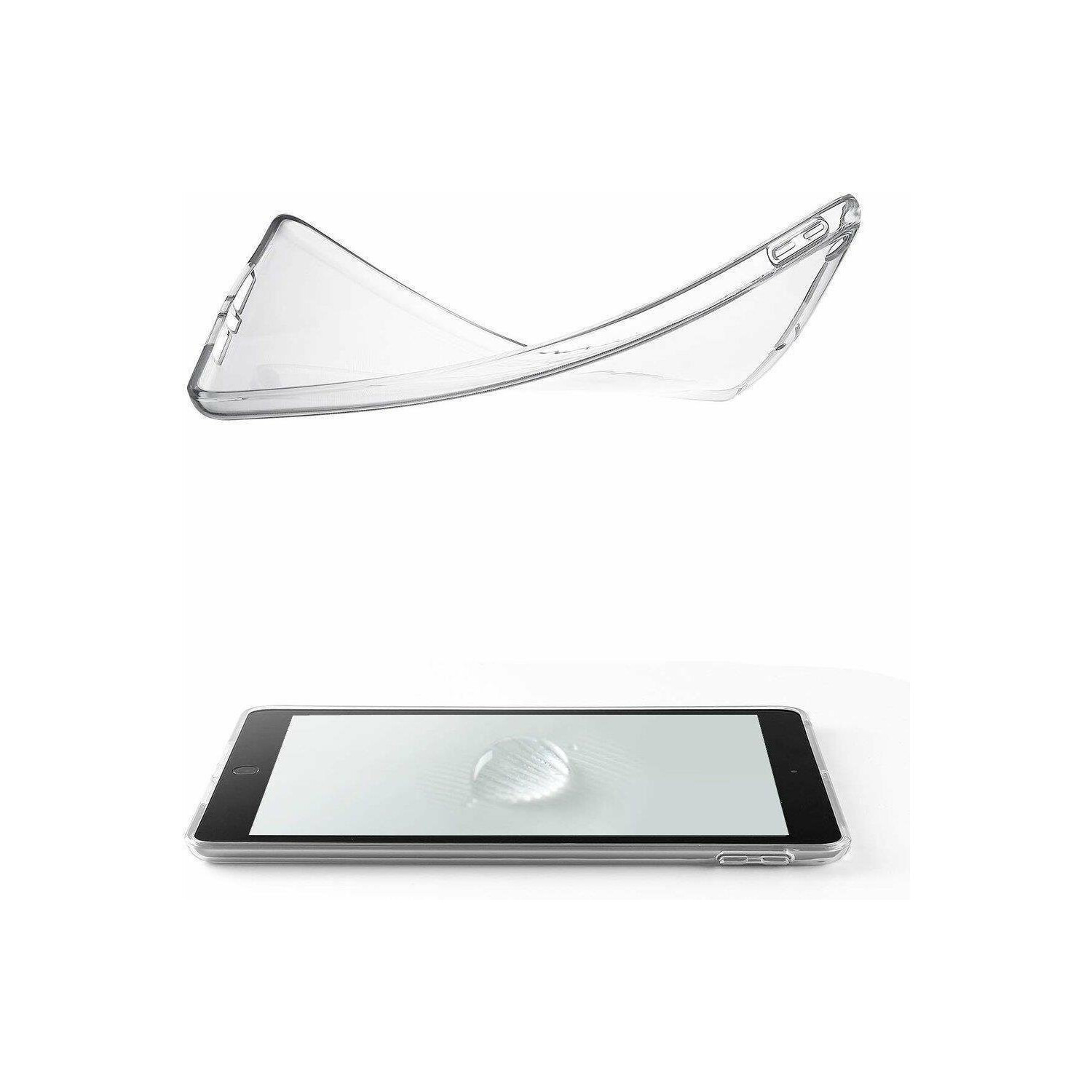 Eine transparente Tablethülle über einem Tablet auf weißem Hintergrund. Die Hülle ist transparent, das Tablet schwarz.