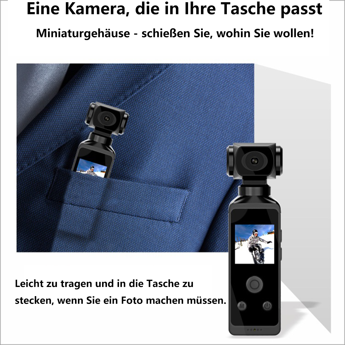 Eine schwarze Kamera wird aus einer Tasche genommen, Werbung für eine kleine Kamera. Weißer Hintergrund.