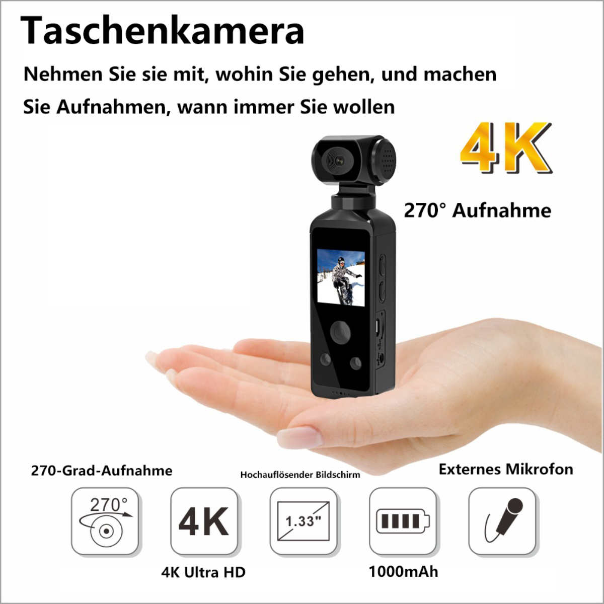 Eine kleine, schwarze Handkamera wird in einer Hand gehalten, mit Symbolen und Text auf Deutsch.