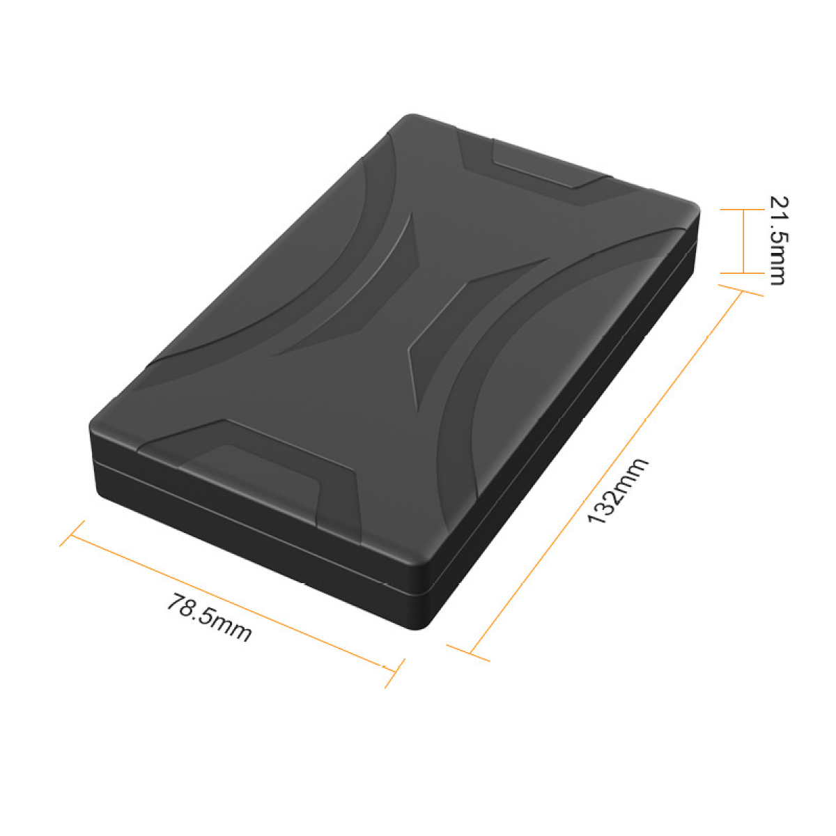 Czarny prostokątny gadżet o wymiarach: 132 mm x 78,5 mm x 21,5 mm. Białe tło.