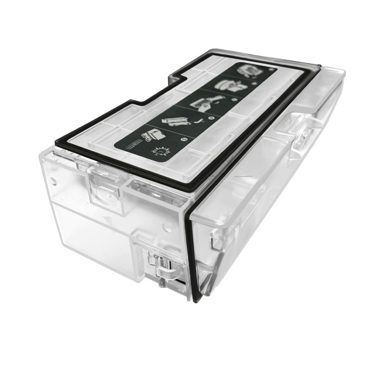 Przezroczysty plastikowy zbiornik na wodę do robota sprzątającego. Ma czarną uszczelkę i etykietę.